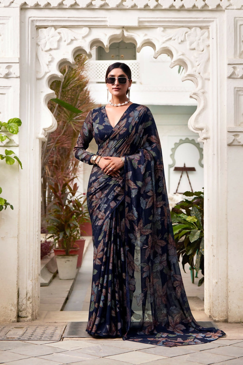 Vastranavya Navy Blue Lurex Brasso Floral Printed Saree with Unstitched Blouse
