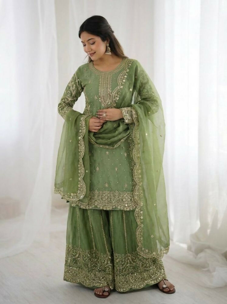 Teeya Creation Parrot Green Color Fendy Silk Embroidery Work Wedding Wear Salwar Suit