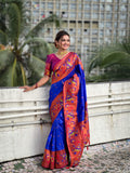 Vedant Vastram Soft Litchi Silk Paithani Jacquard Saree - Blue