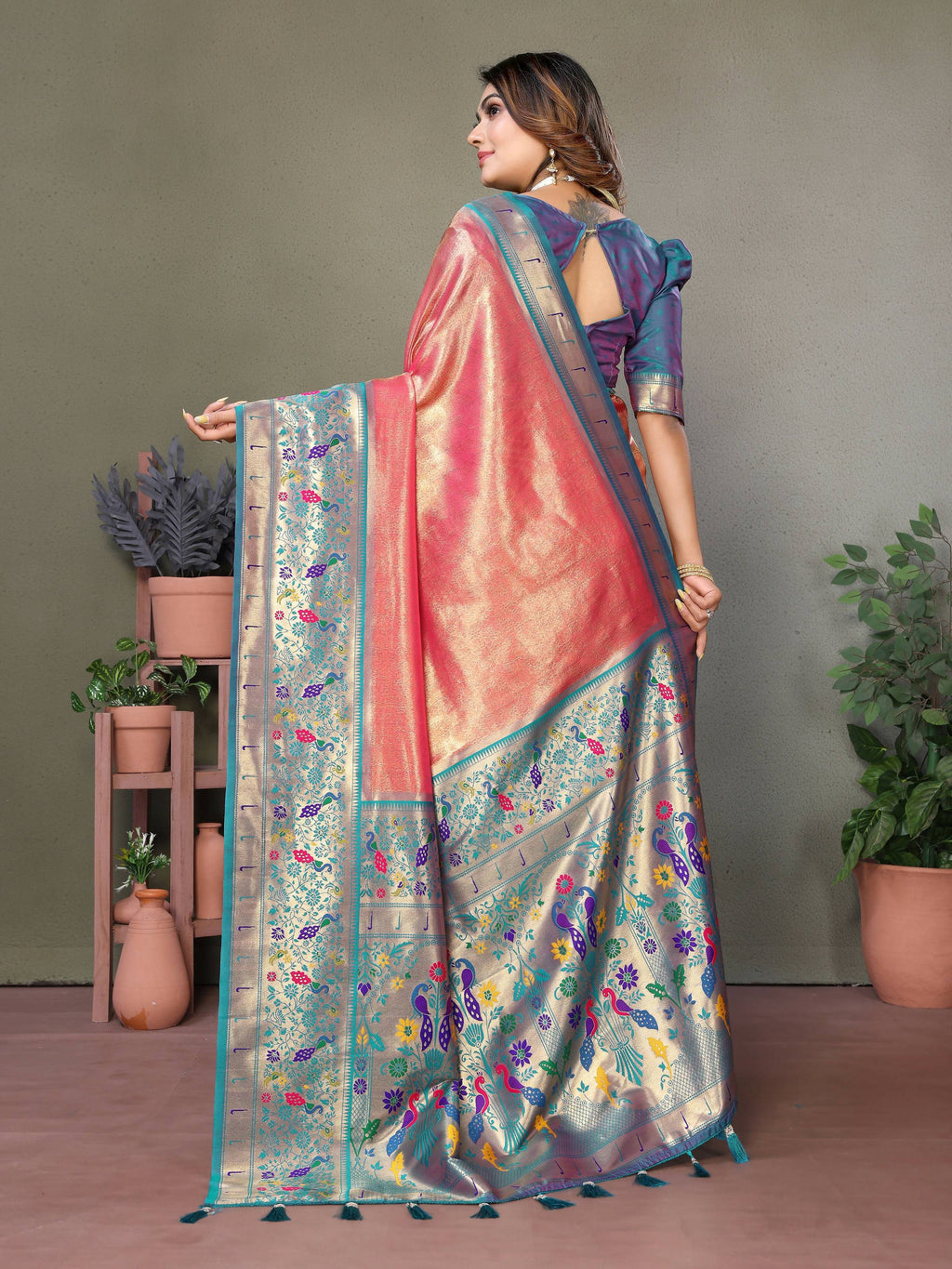 Aastha Fashion Dusty Pink Tissue Silk Paithani Woven Saree