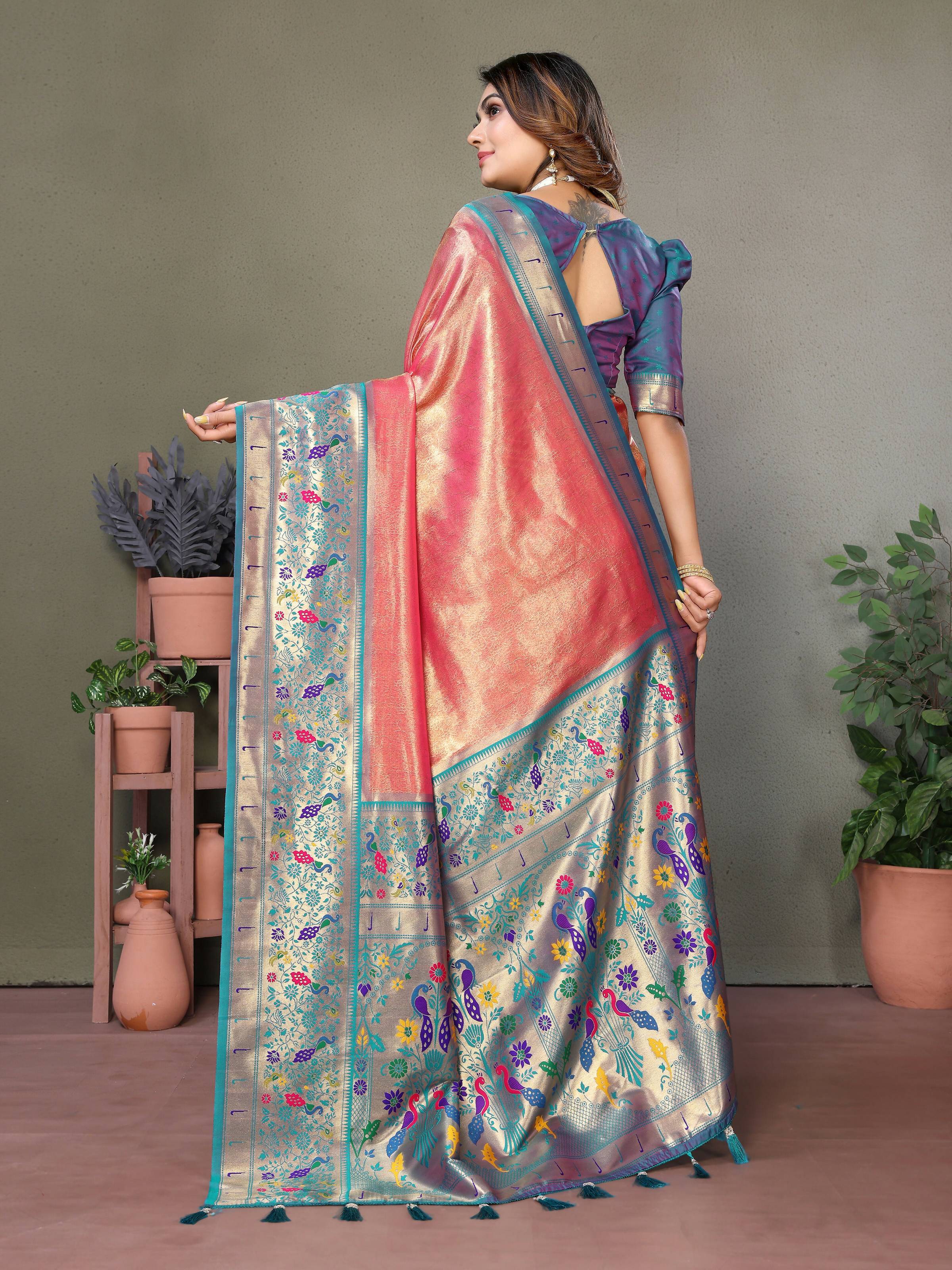 Aastha Fashion Dusty Pink Tissue Silk Paithani Woven Saree
