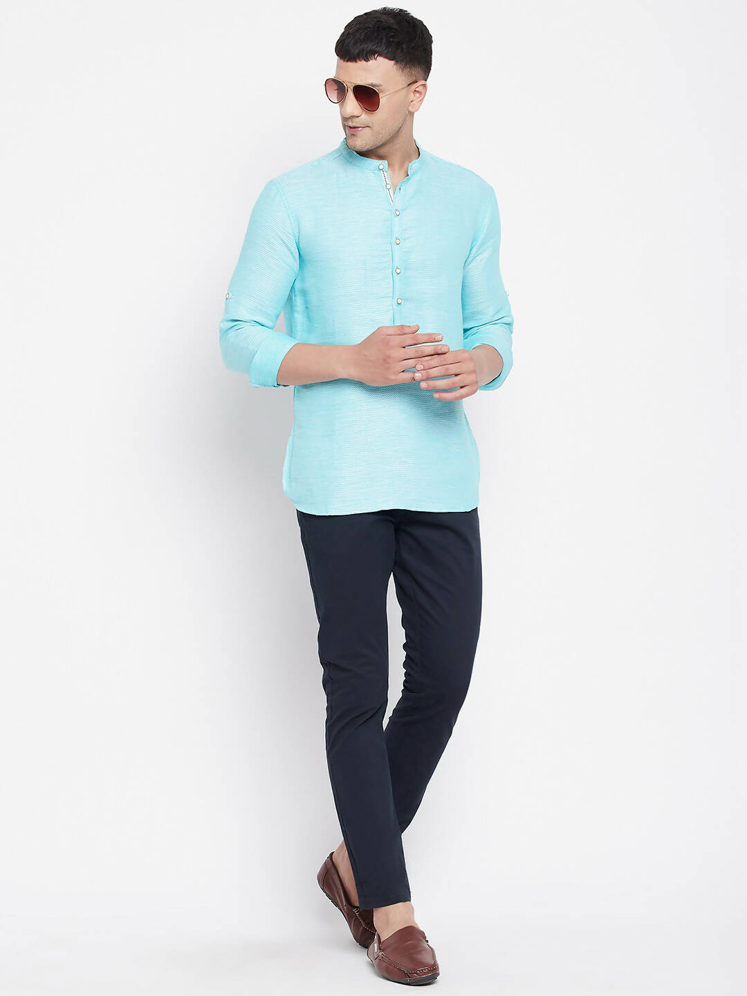 Even Apparels Pure Cotton Men's Kurta in Blue Color With Band Collar