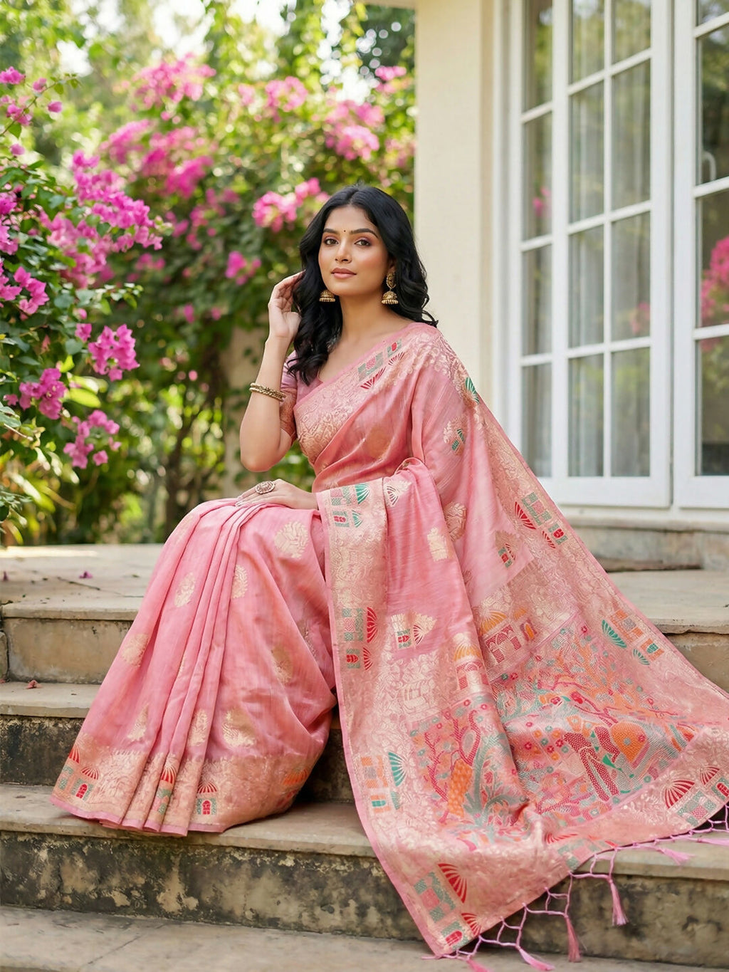 Shree Shyam Fashion Pink Linen Cotton Saree