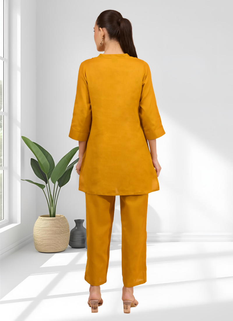 Joban Fashion Mustard Cotton, Linen Embroidered Readymade Cord Set