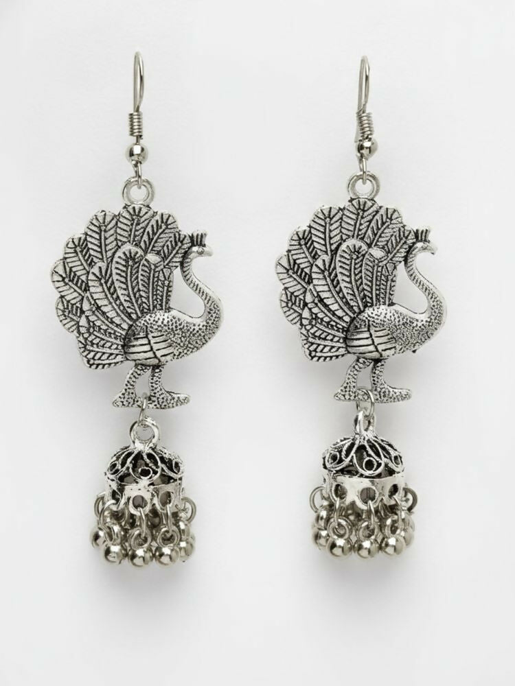 NVR Women Peacock Design German Silver Oxidised Jhumka Earrings