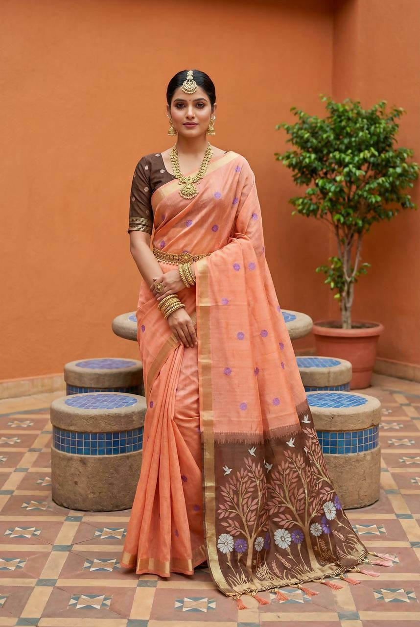 Vastranavya Peach Muga Cotton Meenakari & Azarakh Pallu Saree with Contrast Blouse