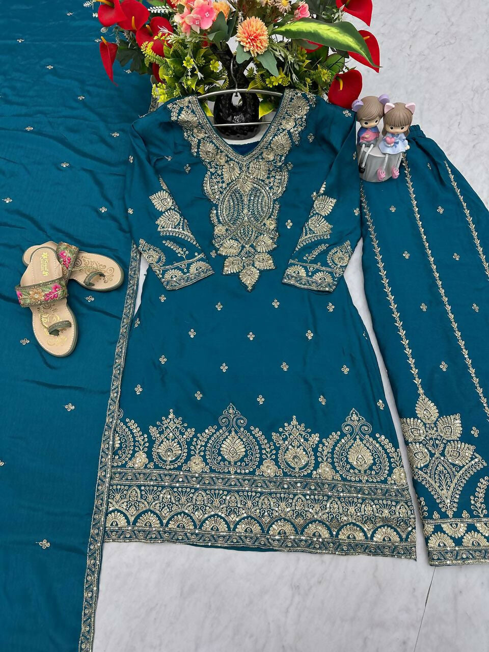 Teeya Creation Womens New Wedding Wear Heavy Embroidery Thread Work Teal Kurta Set