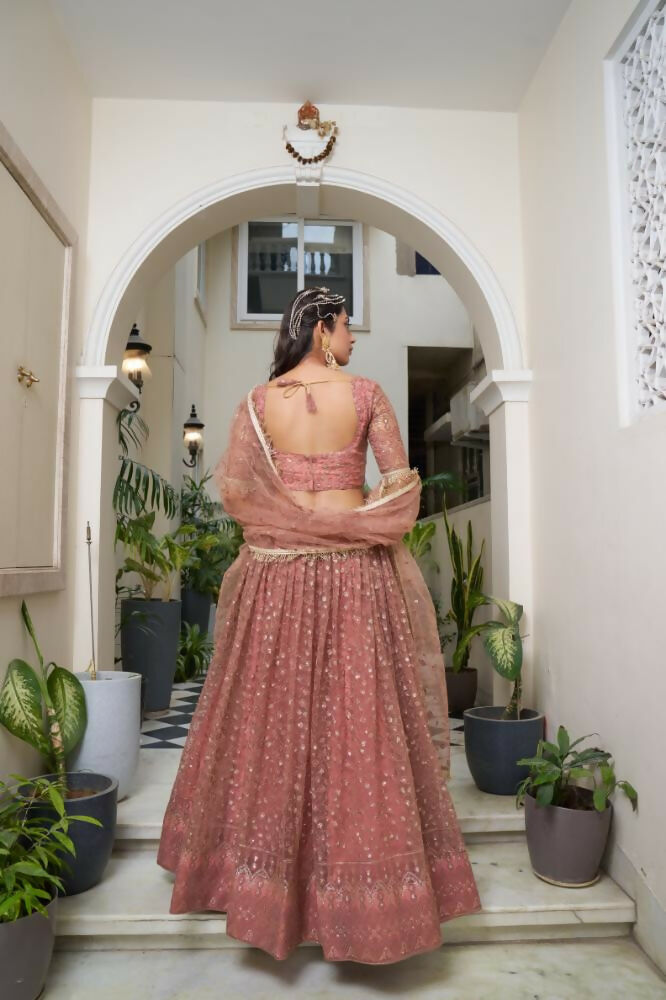 Aastha Fashion Rust Butterfly Net Tone To Tone Cotton Thread Work And Sequence Work Embroidery Wedding Wear Lehenga Choli