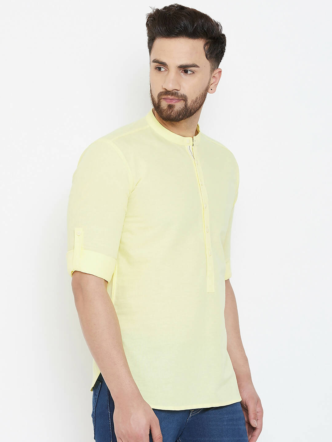 Even Apparels Yellow Color Band Collar Pure Cotton Men's Kurta