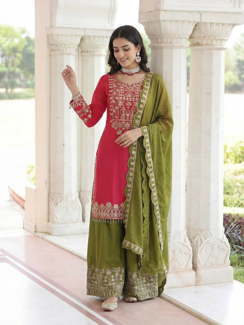 Teeya Creation Rani Chinon Silk Designer Wedding Wear Embroidery Work Palazzo