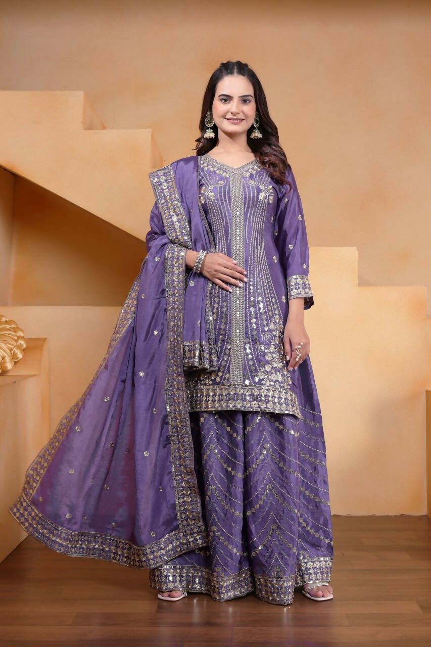 Teeya Creation Lavender Color Chinon Silk Wedding Wear Trending Palazzo Set