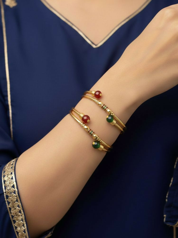 NVR Women Set of 2 Gold Plated Artificial Beads Bangle