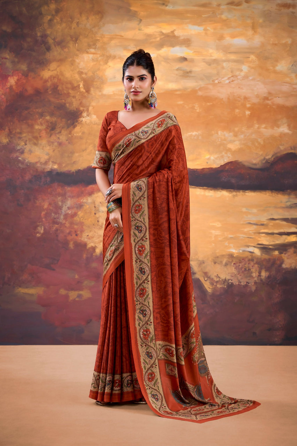 Vastranavya Orange Crepe Printed Saree with Unstitched Blouse