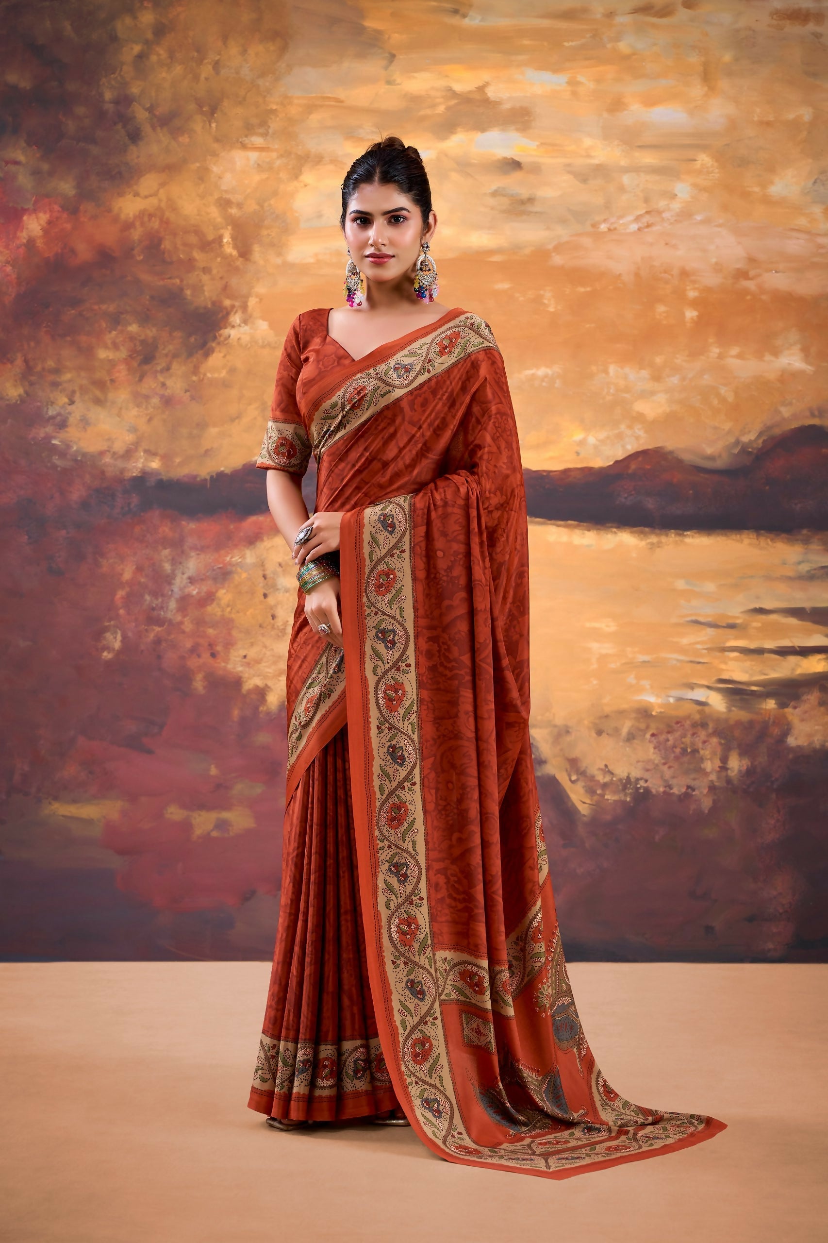Vastranavya Orange Crepe Printed Saree with Unstitched Blouse