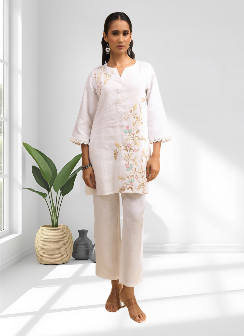 Joban Fashion Off White Linen Embroidered Readymade Cord Set