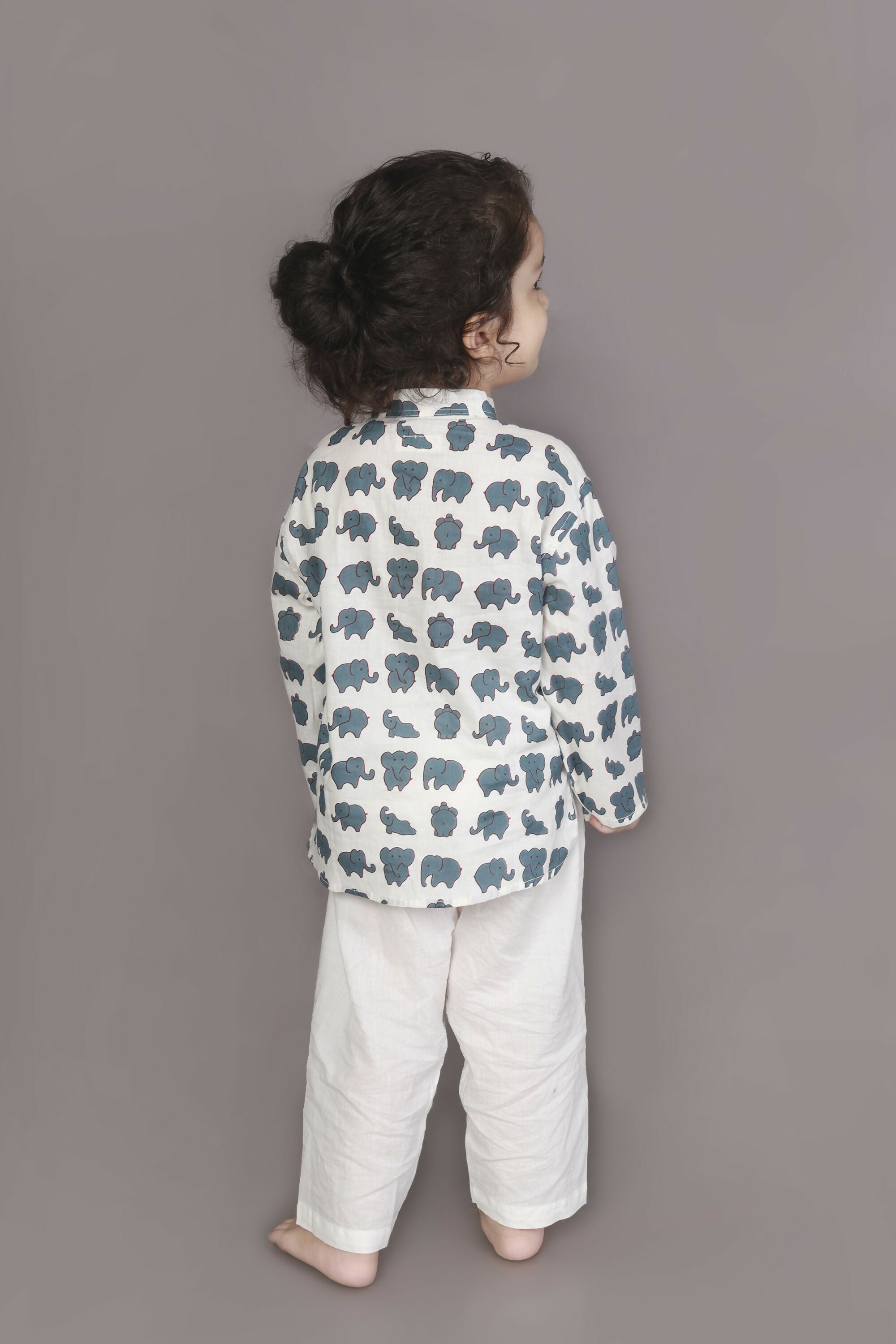 Breathables Kids Cotton Night Suit – White Elephant Print Kurta & Pyjama Co-Ord Set For Boys & Girls