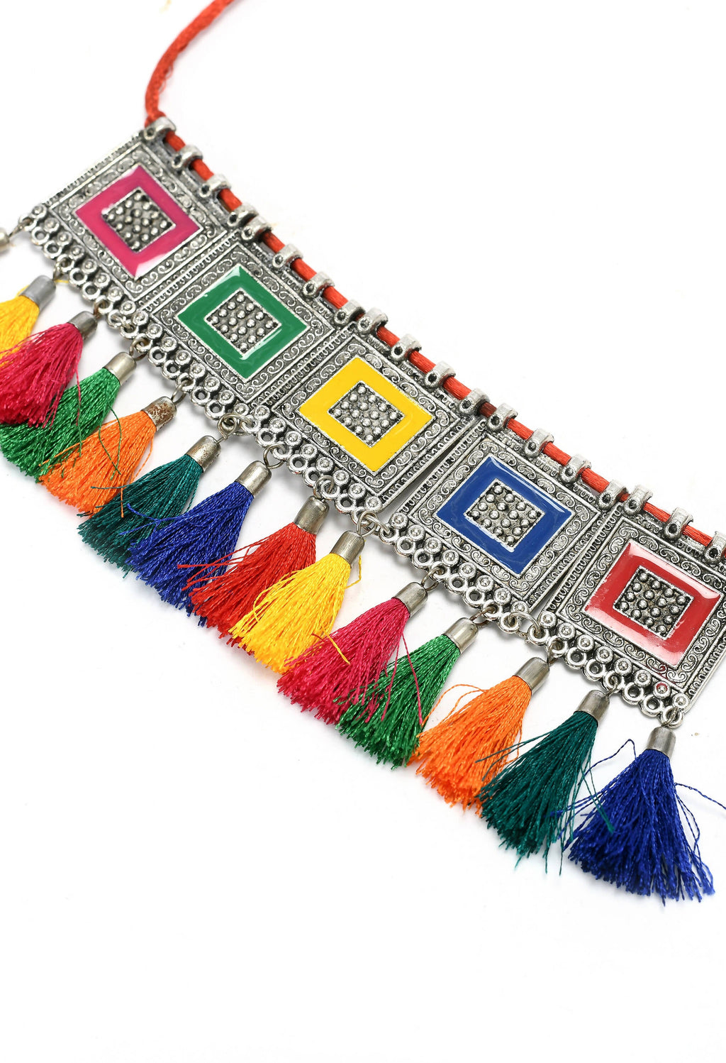 Mominos Fashion Johar Kamal Oxidised Silver-Plated Brass Finish Tassel Work Handicraft Choker For Women (Multi)