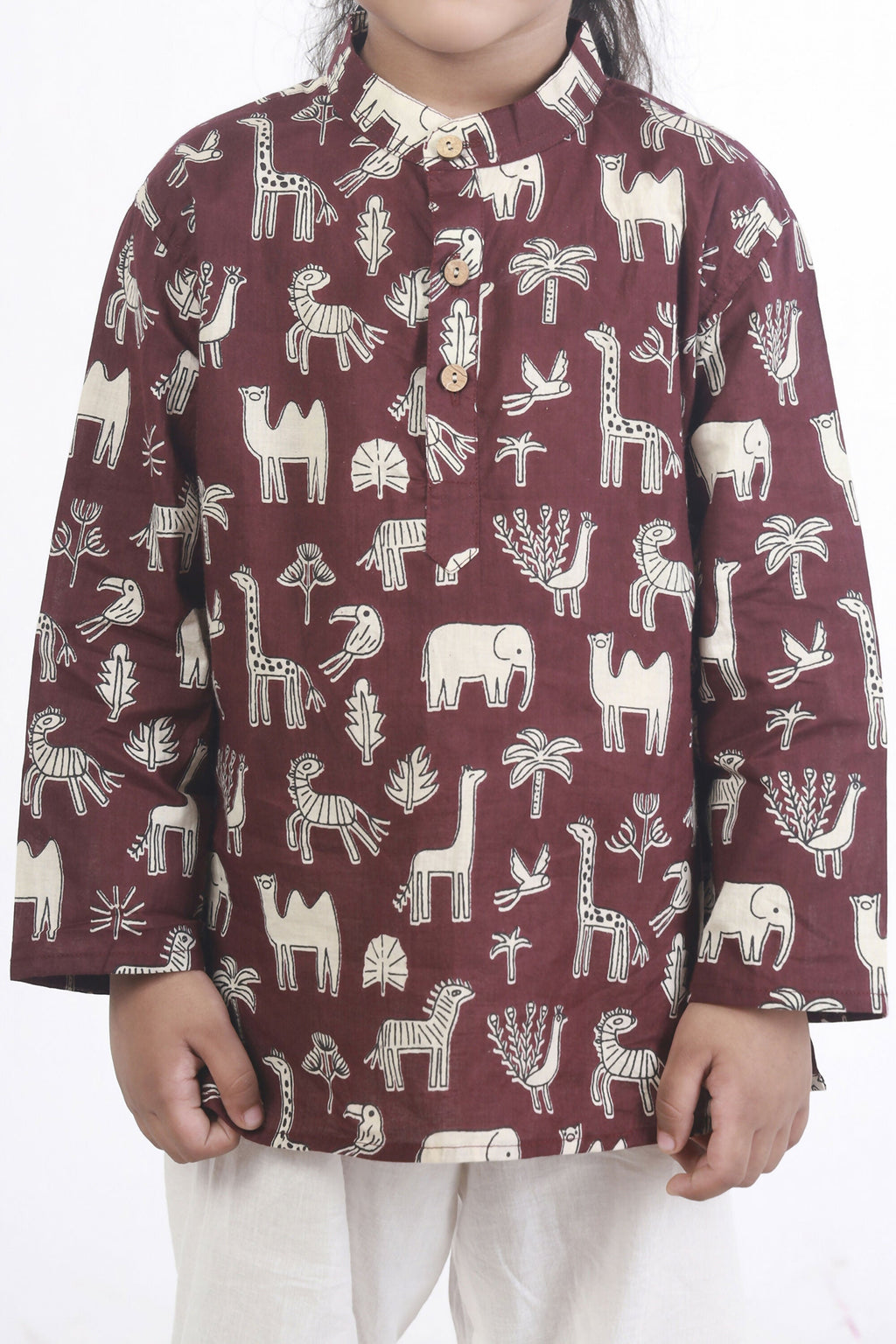 Breathables Kids Cotton Night Suit – Wine Animal Print Kurta & Pyjama Co-Ord Set For Boys & Girls