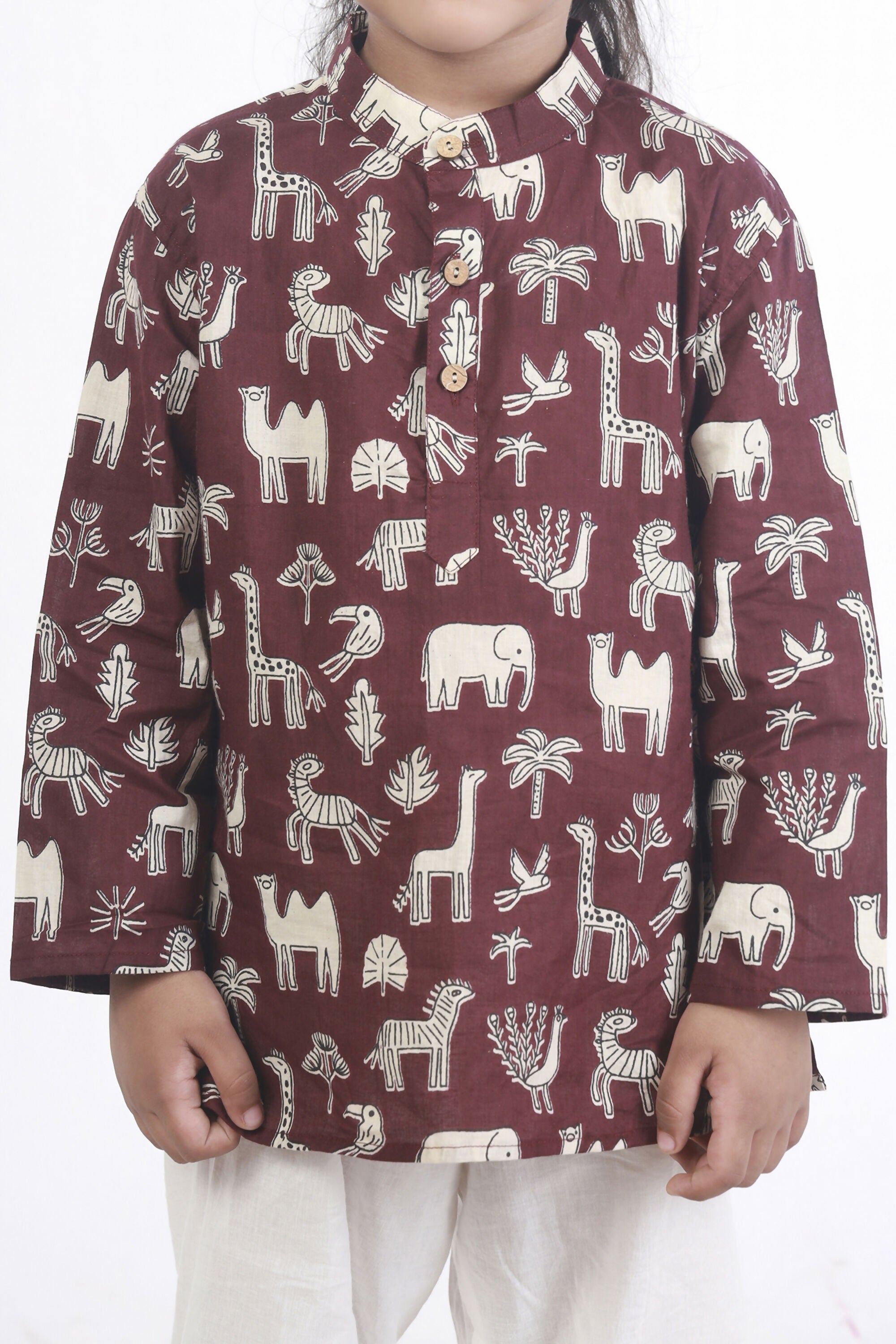 Breathables Kids Cotton Night Suit – Wine Animal Print Kurta & Pyjama Co-Ord Set For Boys & Girls