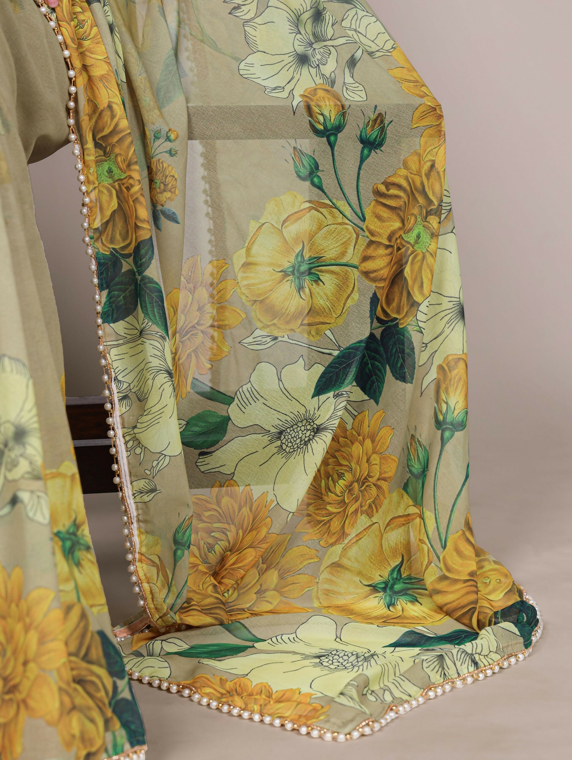 Vastranavya Mehendi Weightless Marble and Floral Printed Georgette Saree with Unstitched Blouse