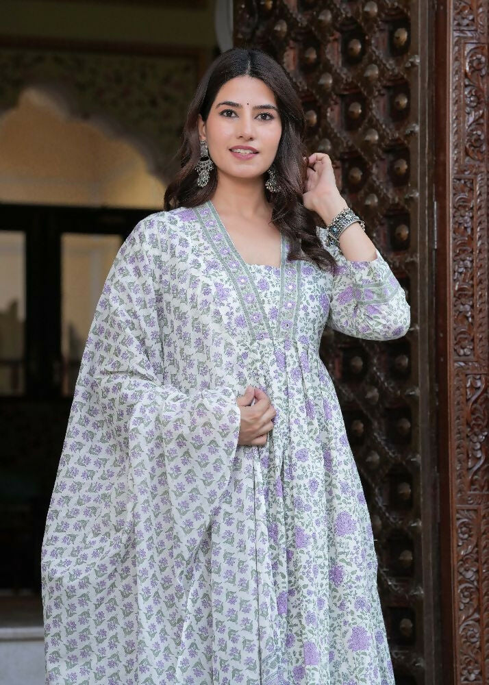 Jaimini Women Cotton Printed V-Neck 3/4 Sleeves Calf Length Flared Kurta Pant And Dupatta Set