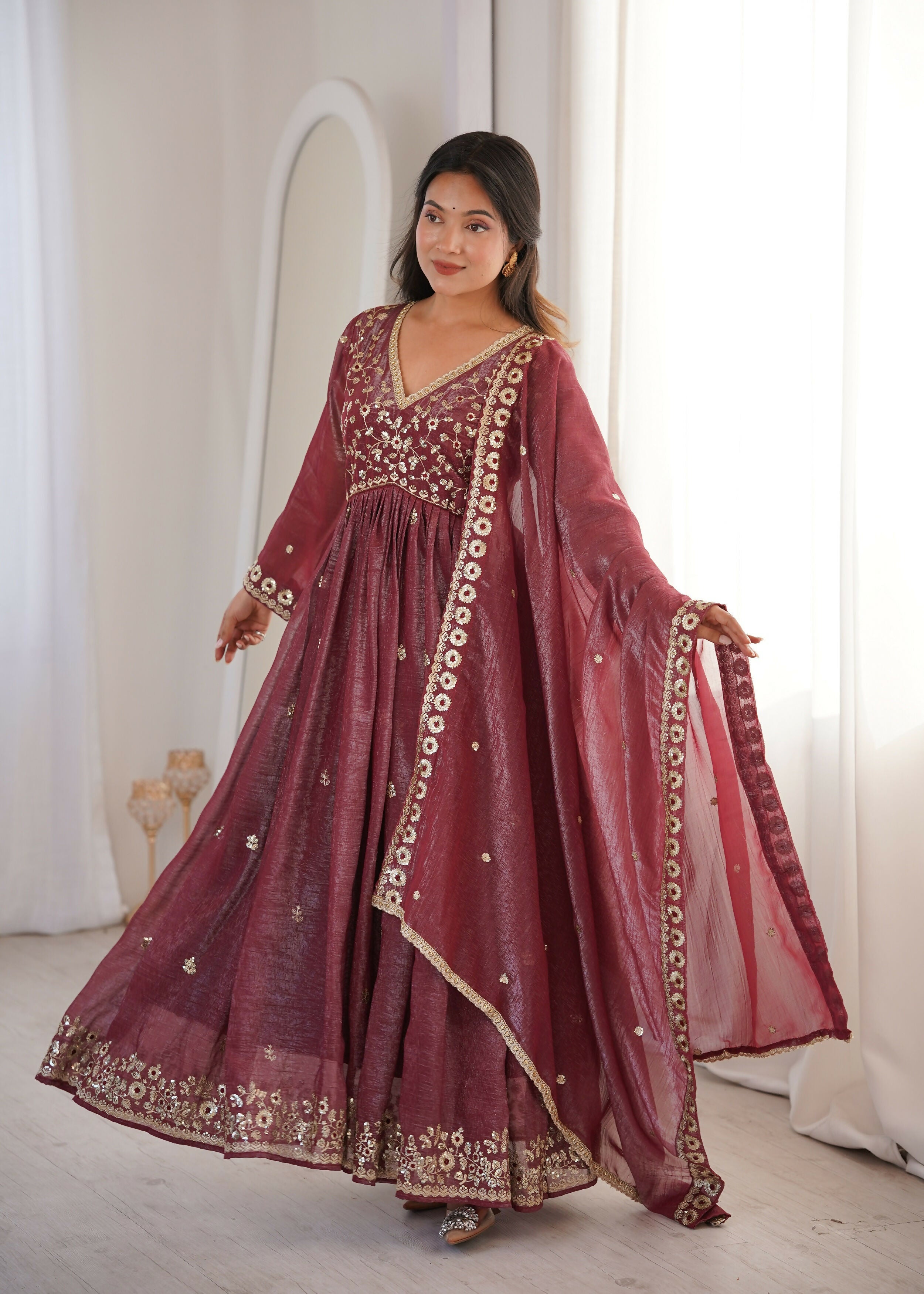 Teeya Creation Brown Crunchy Silk Wedding Wear Embroidery Work Design Gown