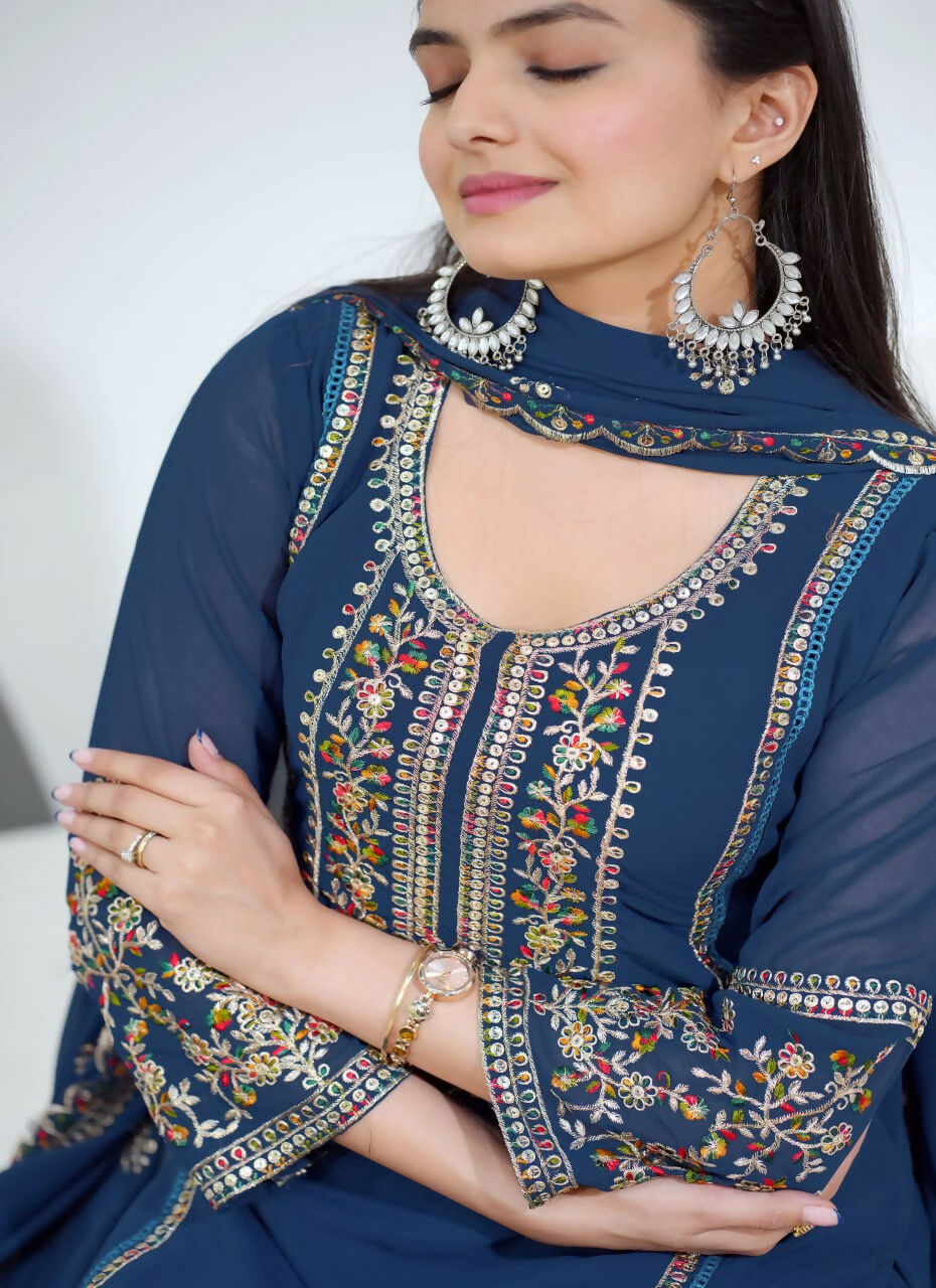 Joban Fashion Blue Georgette Embroidered Kurti Set