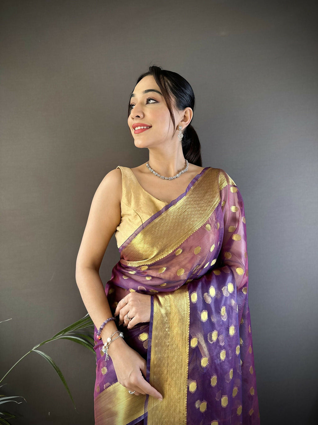 Joban Fashion Purple Polka-Dot Zari Woven Organza Silk Banarasi Silk Saree