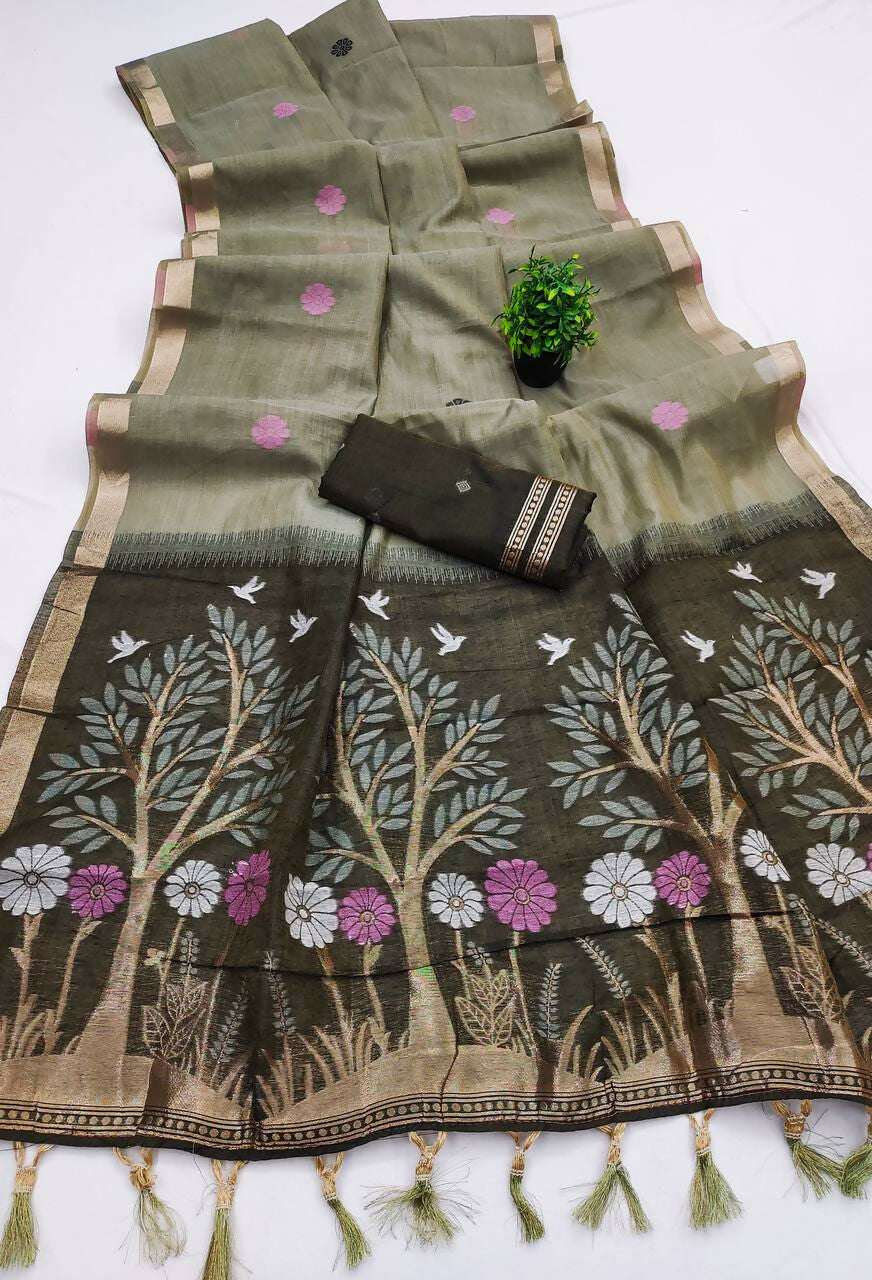 Vastranavya Grey Muga Cotton Meenakari & Azarakh Pallu Saree with Contrast Blouse