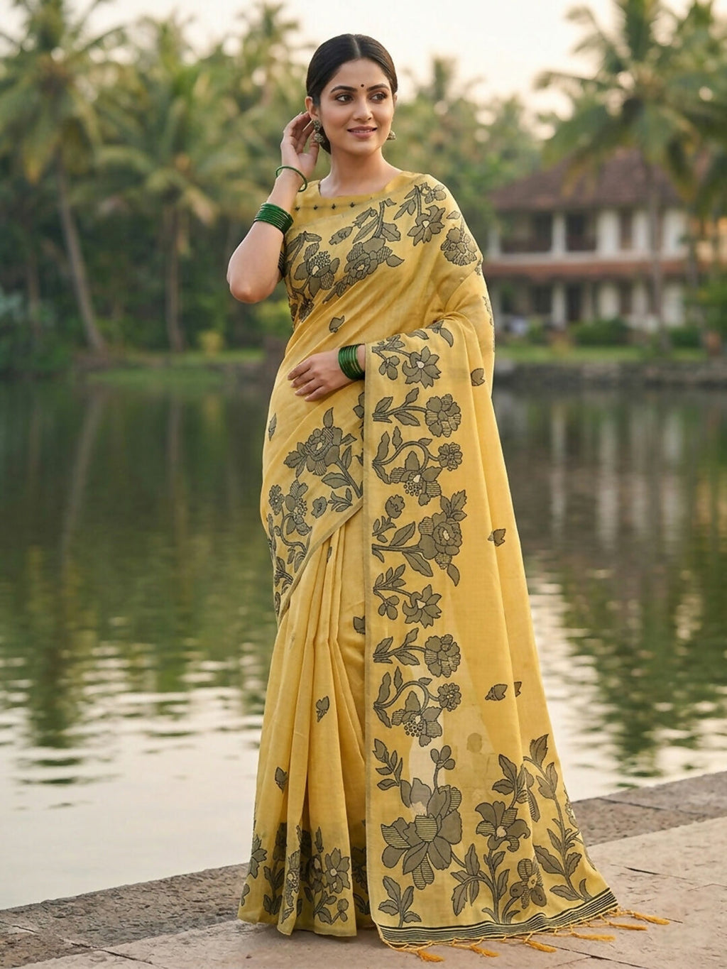 Shree Shyam Fashion Yellow Linen Cotton Saree