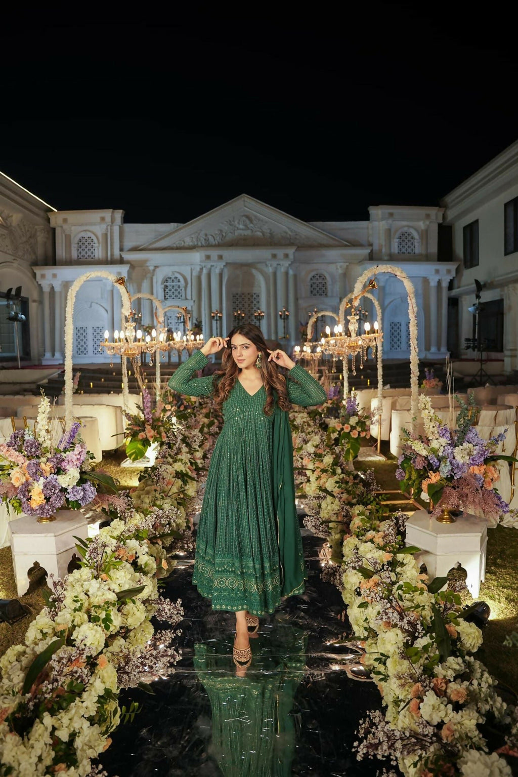 Aayaa Designer Embroidery Zari Sequins Work Faux Blooming Georgette Suit - Green