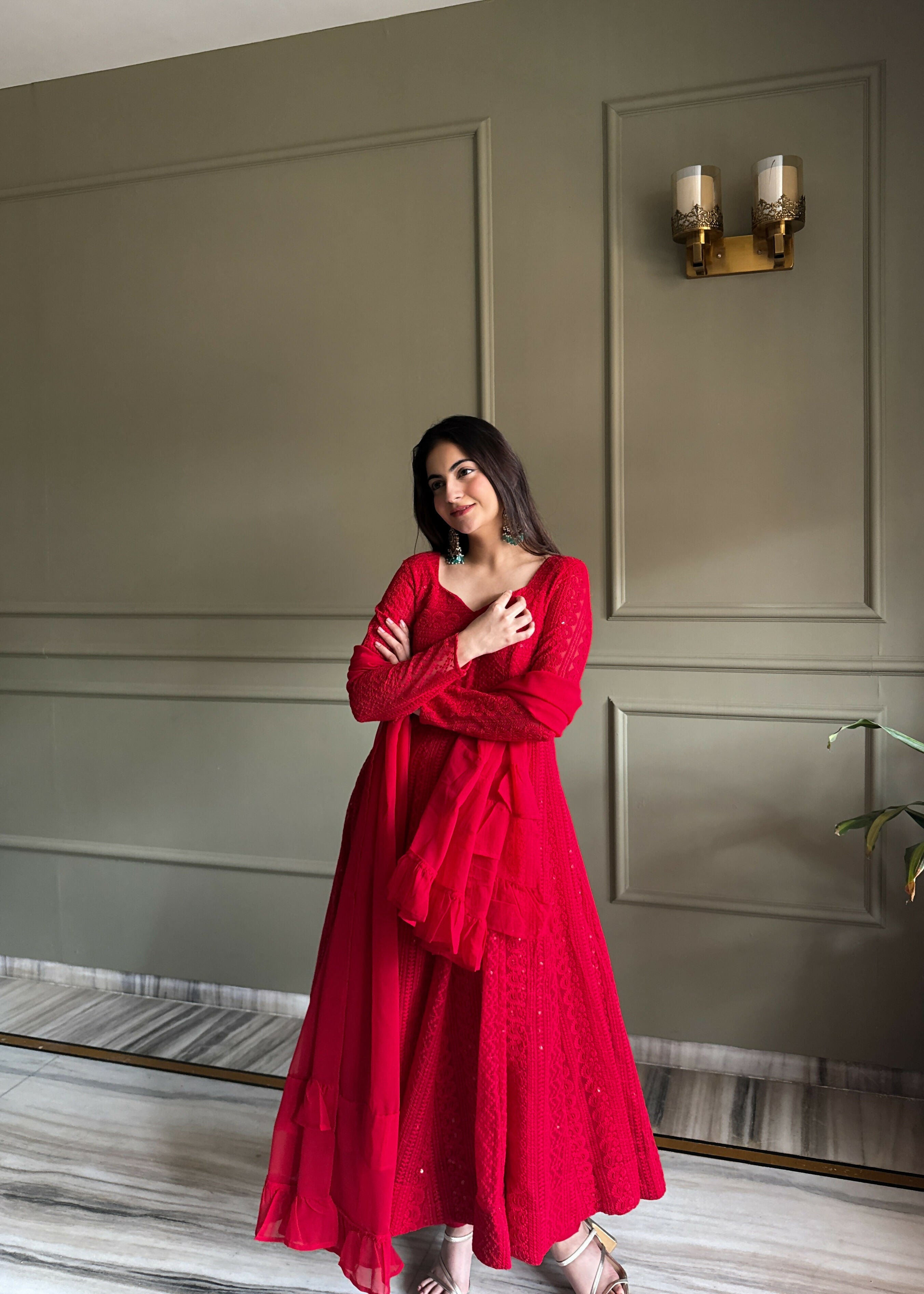 Teeya Creation Red Color Faux Georgette Heavy Embroidery Work Functional Wear Gown