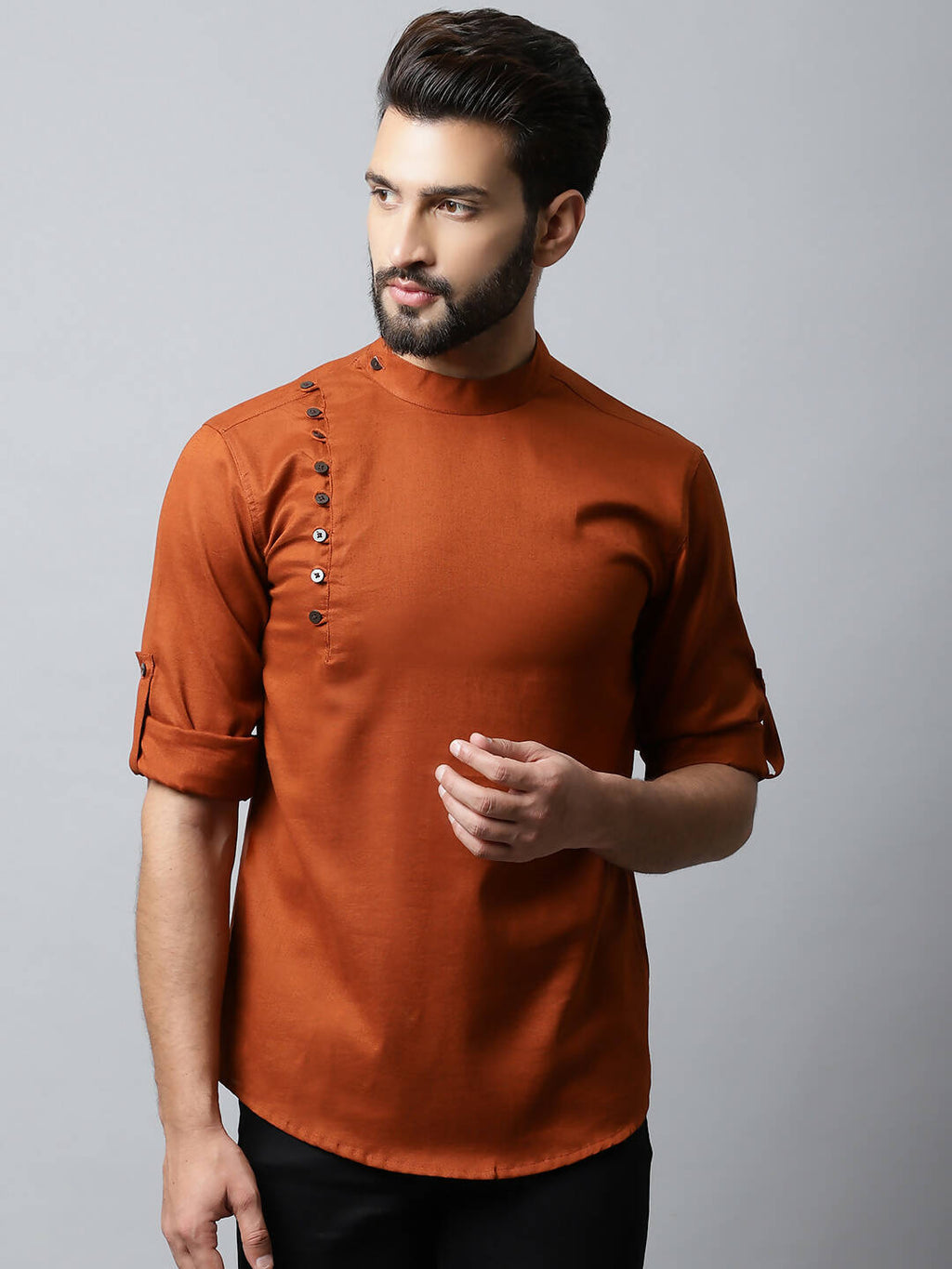 Even Apparels Brown Color Linen Pure Cotton Men's Kurta With Side Placket (SLD1137)