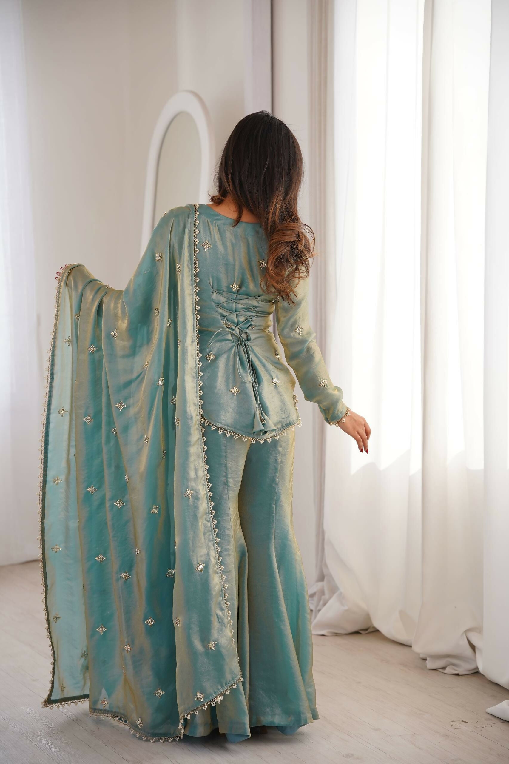 Teeya Creation New Womens Trendy Embroidery Sequence Work Teal Kurta Set