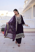 Teeya Creation Womens New Wine Velvet With Rich Zari Coding Embroidered Work Kurta Pant Dupatta Set