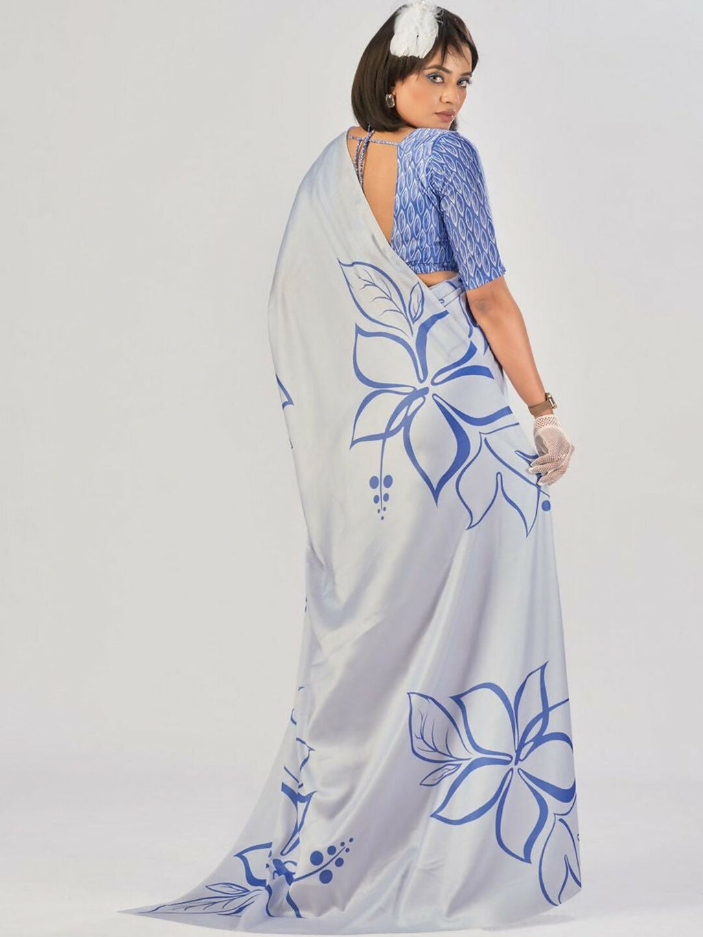 Vastranavya Sea Blue Satin Silk Elegant Printed Saree with Unstitched Blouse