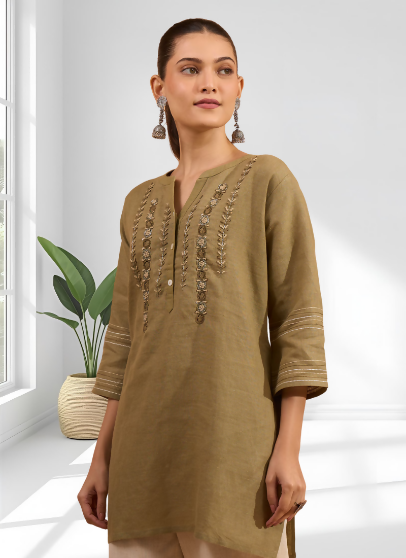 Joban Fashion Light Brown Linen Embroidered Readymade Tunic