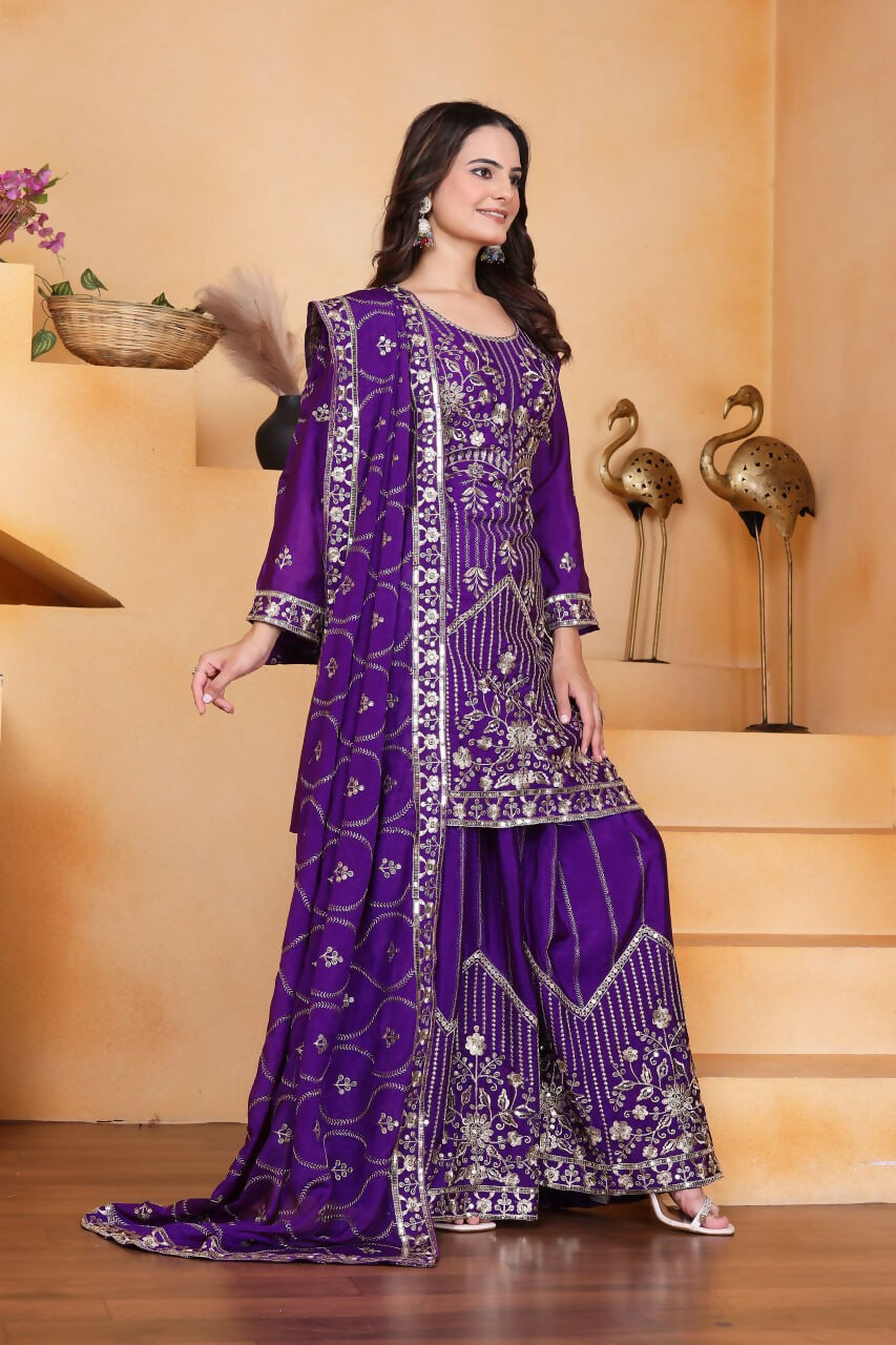 Joban Fashion Purple Silk Embroidered Sharara Set
