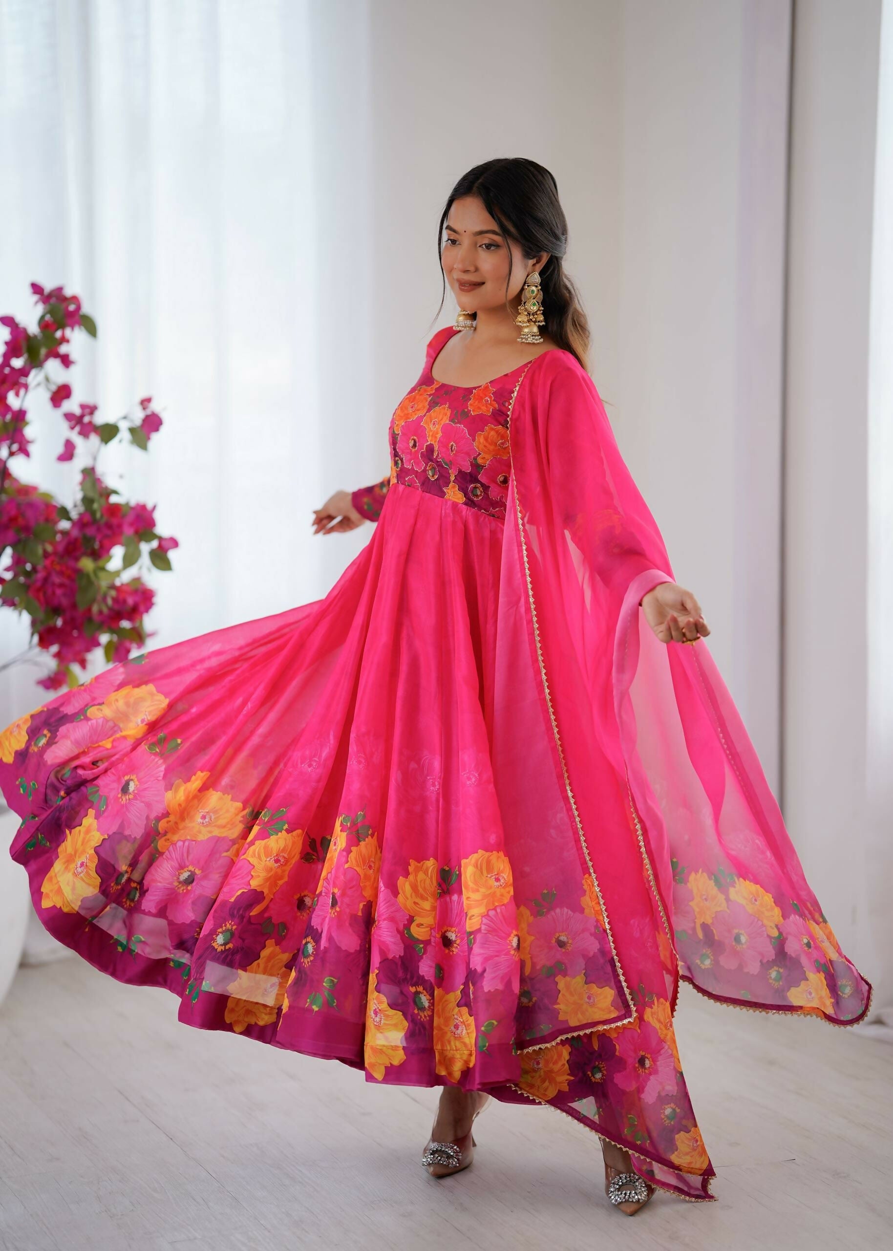 Teeya Creation Womens New Organza Soft Taby Silk Heavy Quality Fabric With Digital Print Pink Gown Set