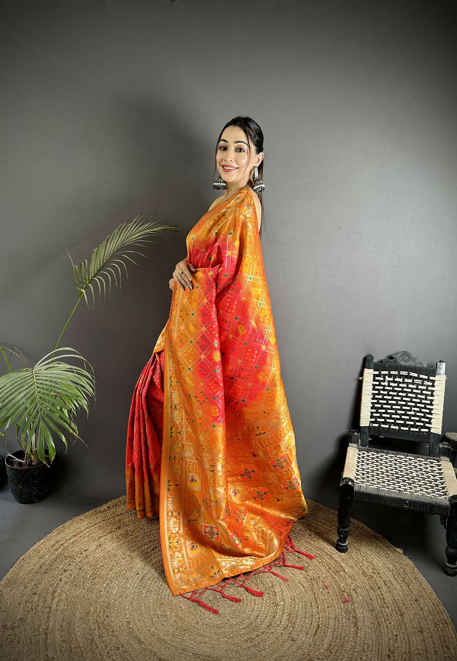 Joban Fashion Pastel Orange Geometric Pattern Soft Silk Patola Saree