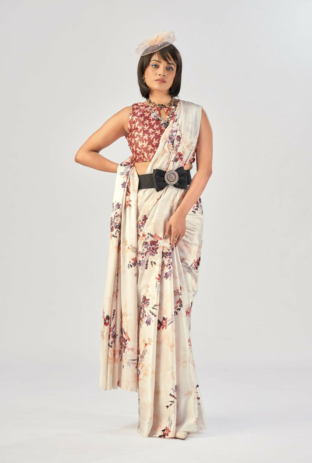 Vastranavya White Satin Silk Elegant Printed Saree with Unstitched Blouse