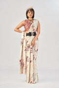 Vastranavya White Satin Silk Elegant Printed Saree with Unstitched Blouse