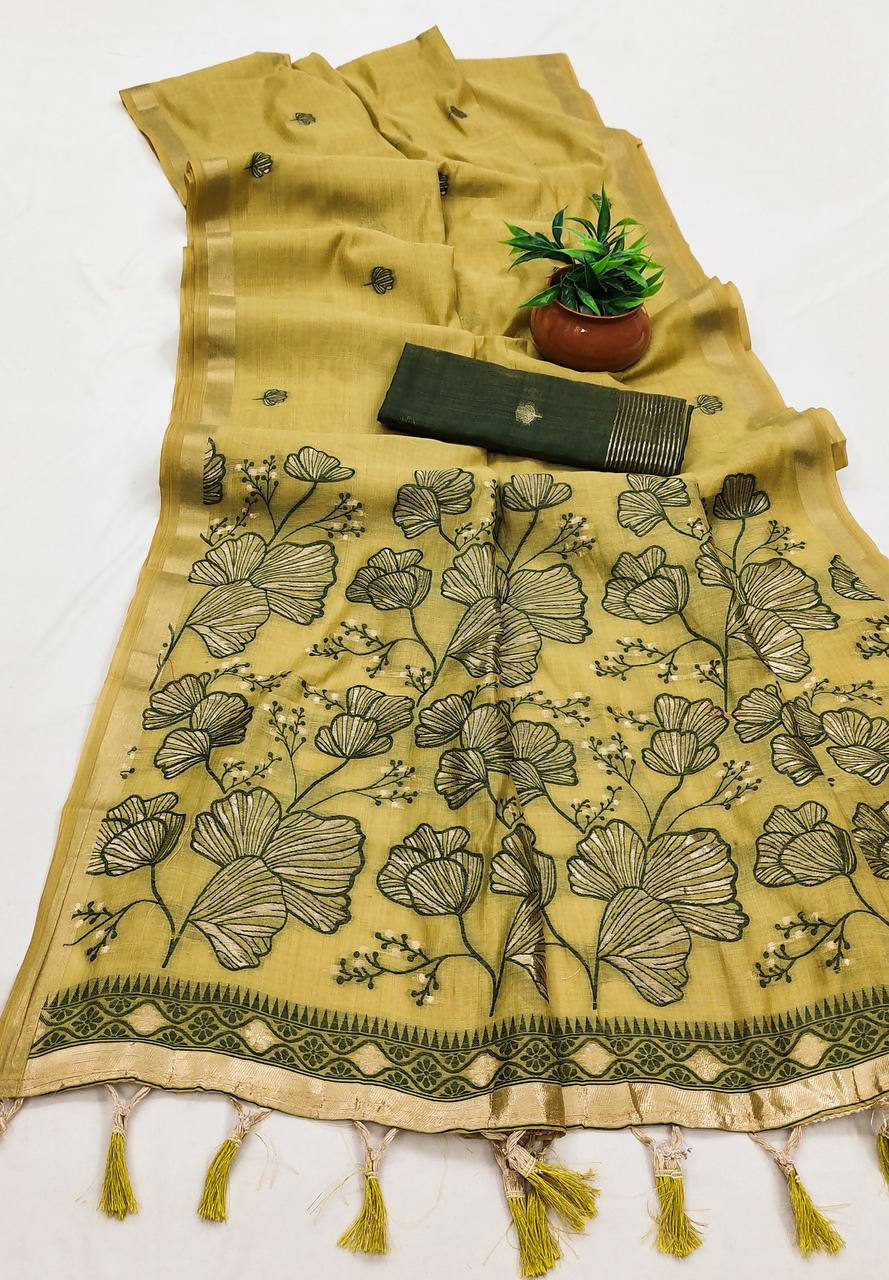 Vastranavya Yellow Muga Cotton Meenakari & Azarakh Pallu Saree with Contrast Blouse
