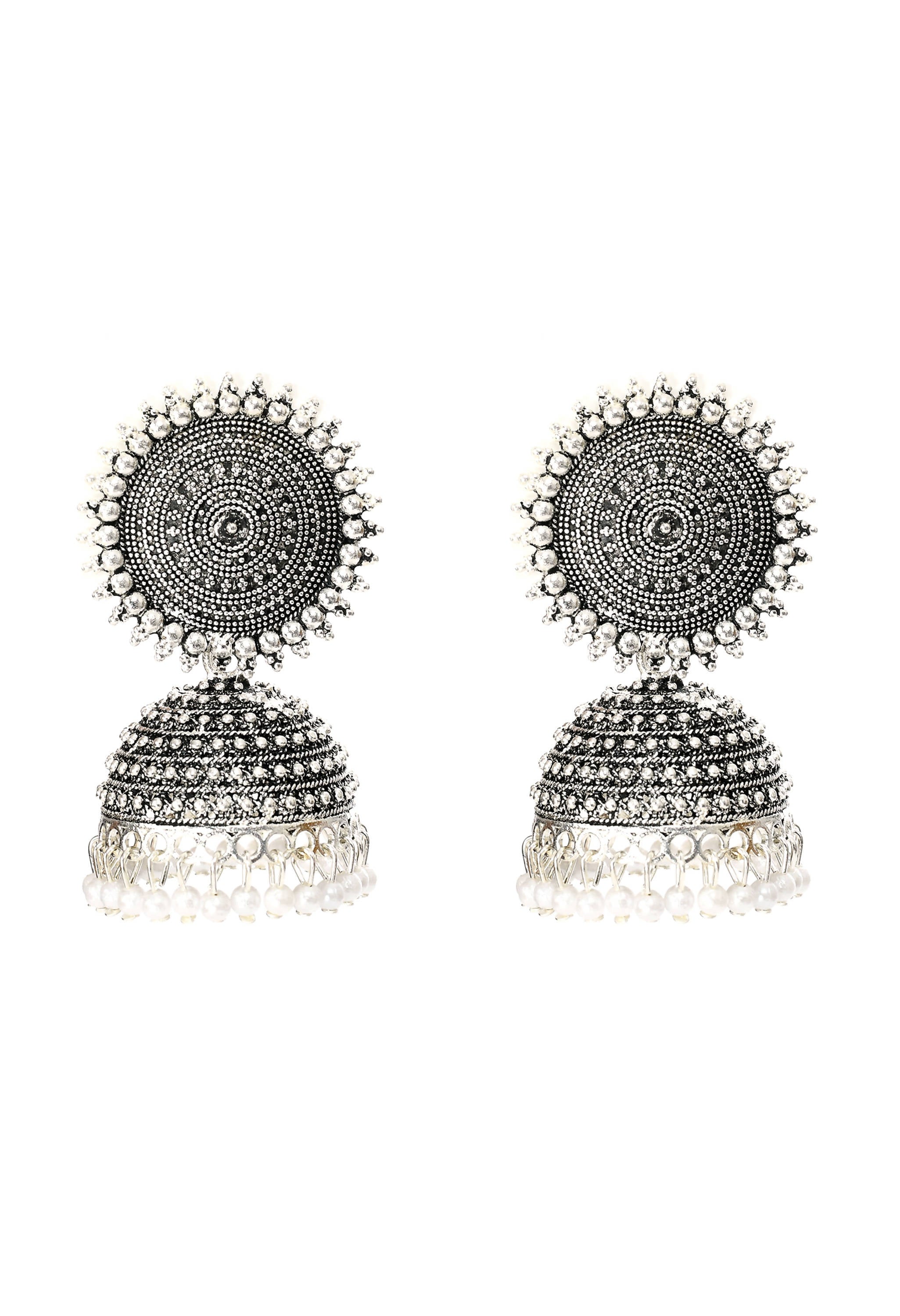 Mominos Fashion Johar Kamal Silver Color Jhumkas With White Pearls Earrings