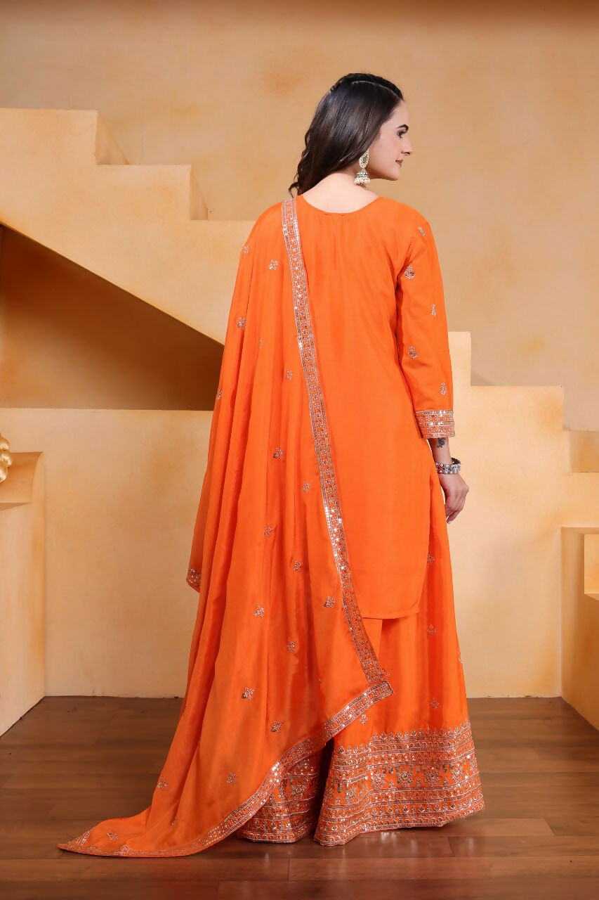 Teeya Creation Orange Color Chinon Silk Wedding Wear Trending Palazzo Set