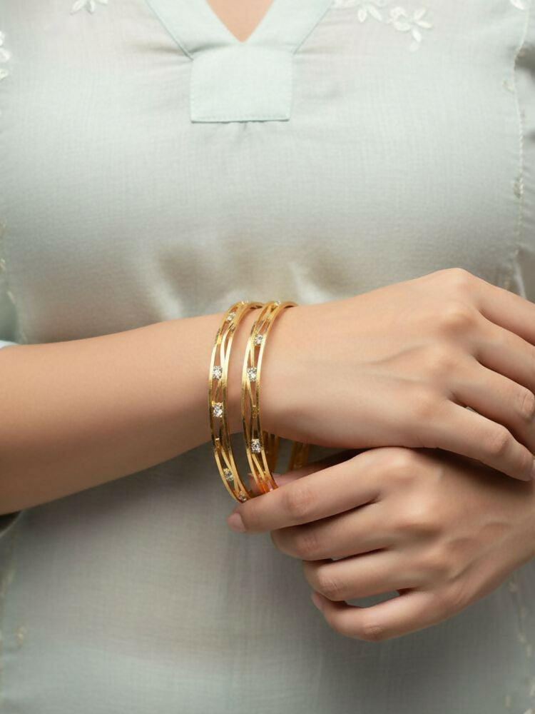 NVR Women Set of 2 Gold Plated CZ Stone Bangle