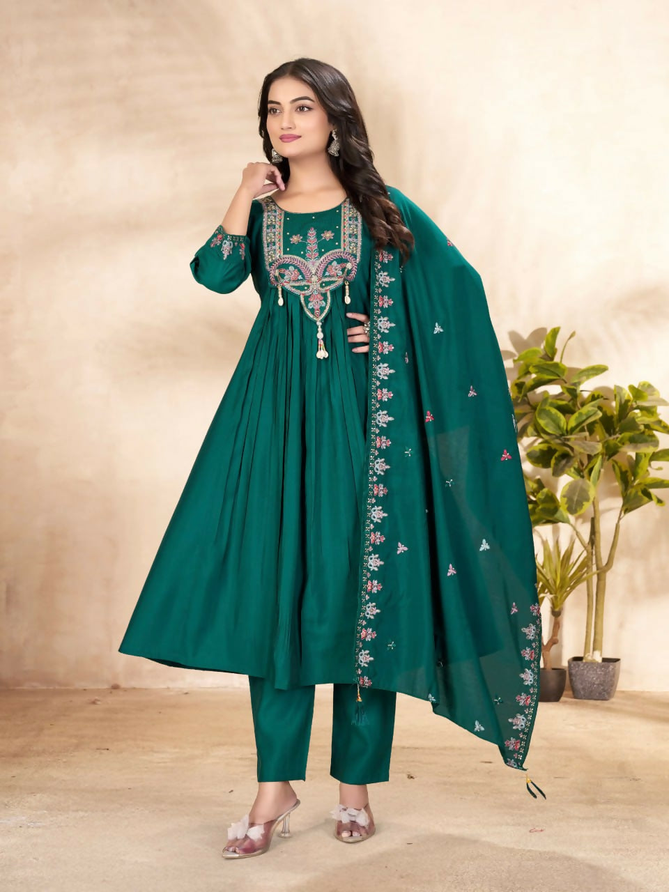 Lehenga Mart Designer Anarkali Suit With Kurta, Pant, Dupatta For Women-Teal