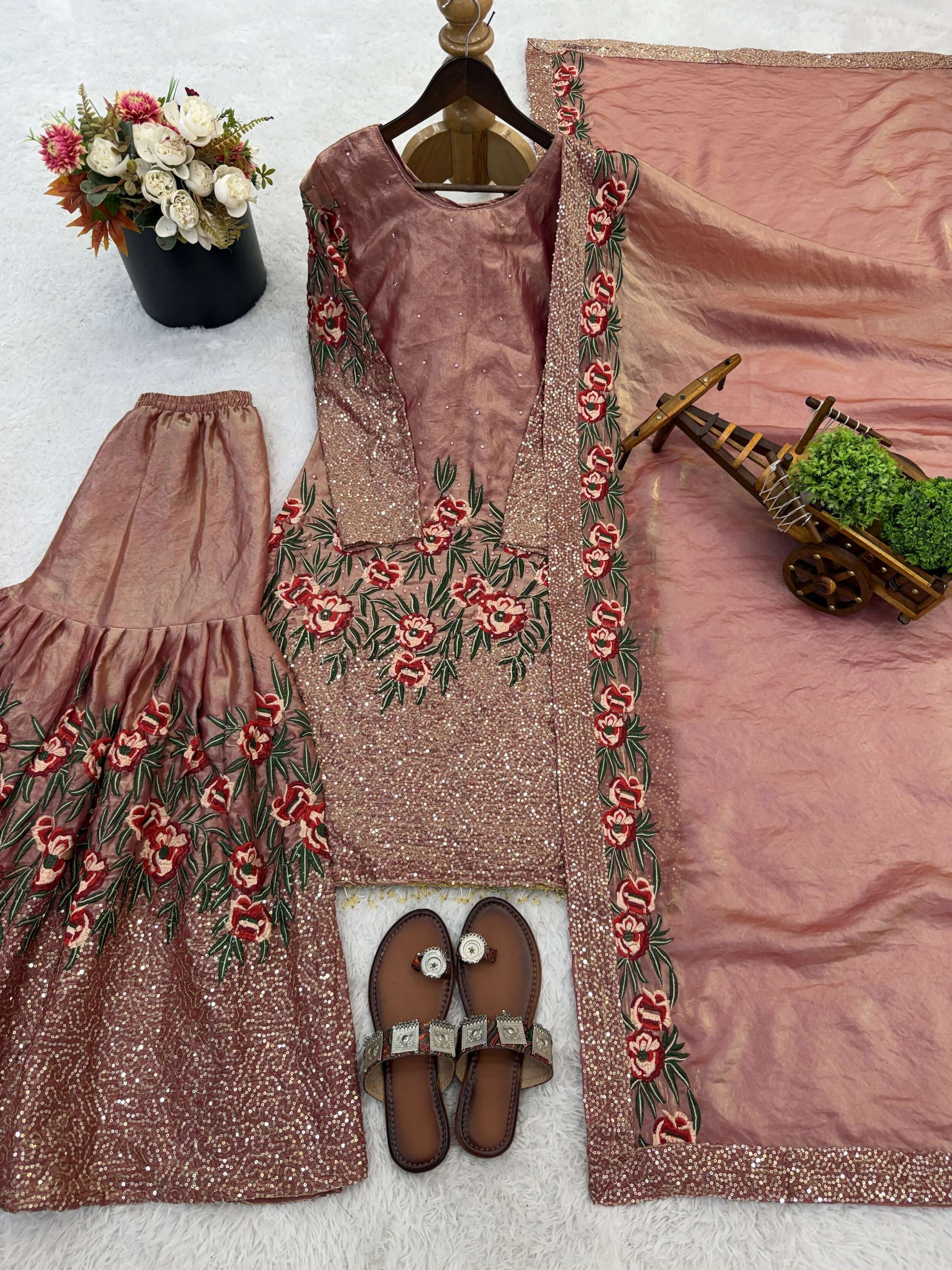 Teeya Creation Peach Fendy Silk Heavy Embroidery Work Party Wear Sharara Suit