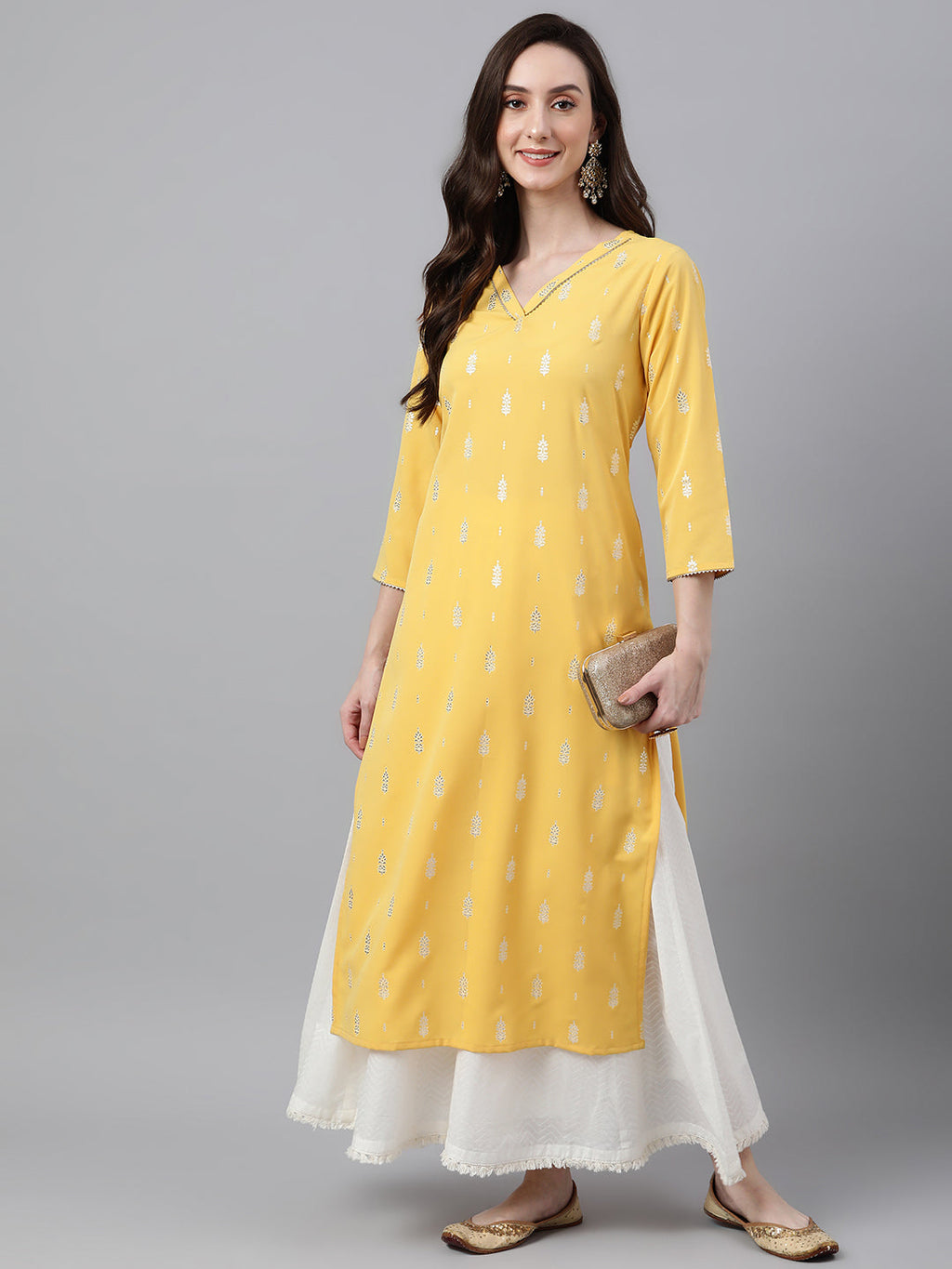 Janasya Women's Mustard Crepe Foil Print Casual Straight Kurta