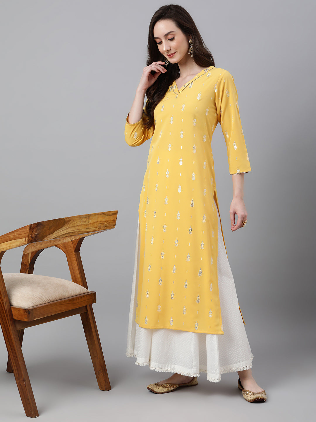 Janasya Women's Mustard Crepe Foil Print Casual Straight Kurta